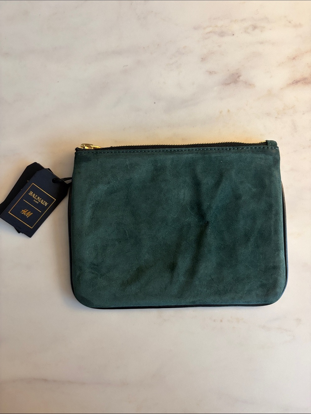 NWT Balmain x H&M Emerald Green Suede Leather Pouch / Clutch Bag